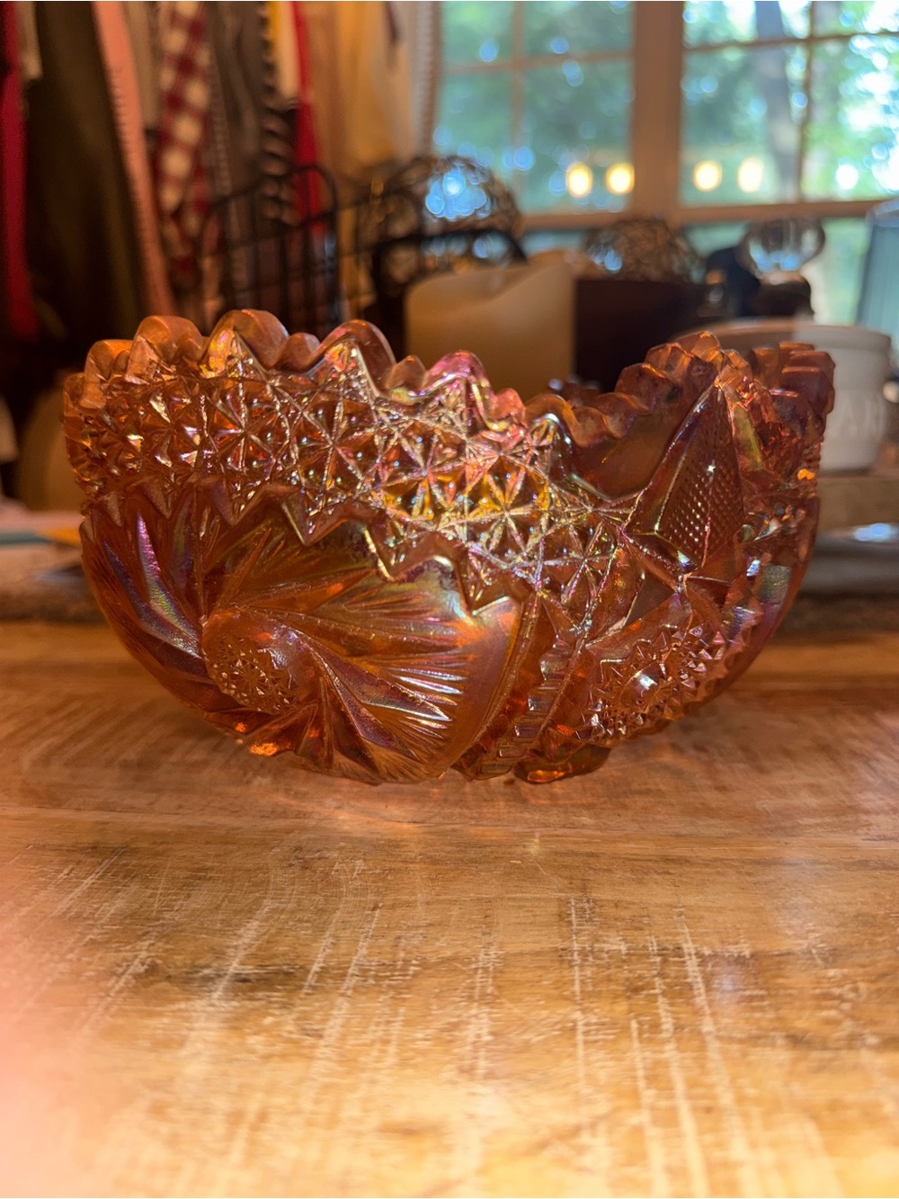 Iridescent Amber Orange Carnival Glass Decorative Bowl